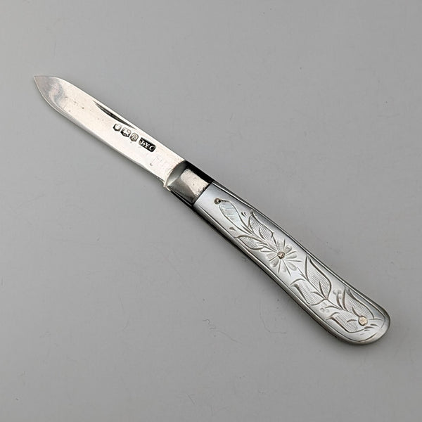1924 British antique white mother-of-pearl handle, pure silver blade penknife by John Yeomans Cowlishaw